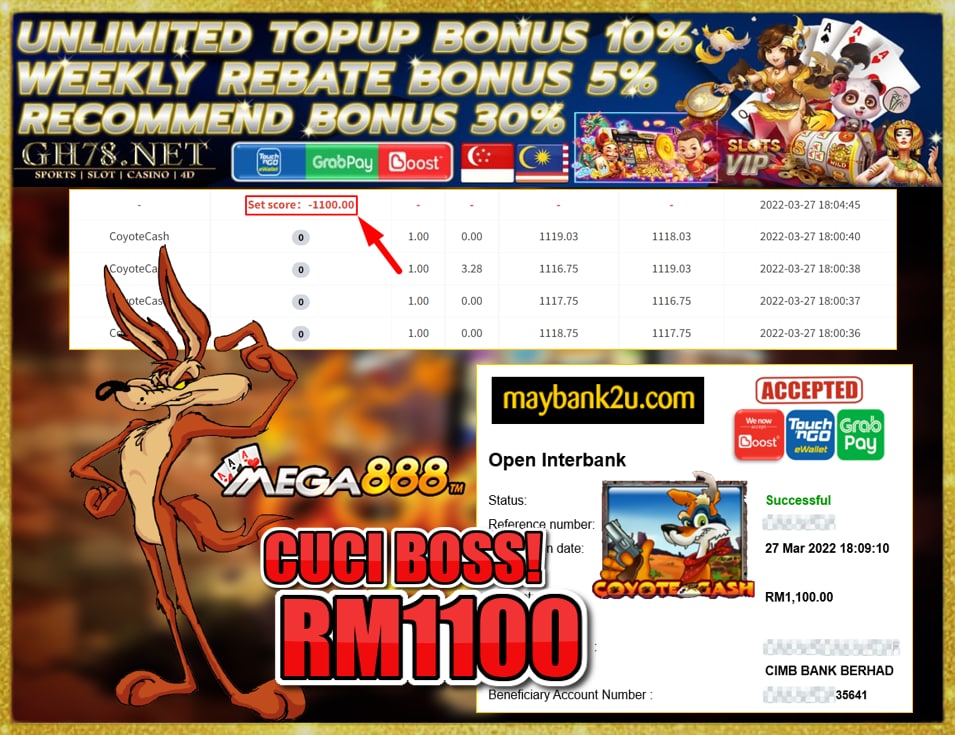 MEGA888 '' COYOTE CASH '' CUCI RM 1100 ♥