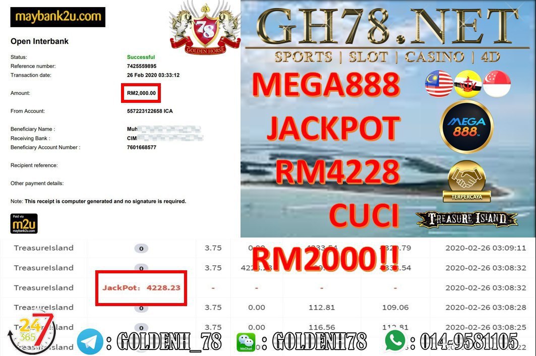 2020 NEW YEAR !!! MEMBER MAIN MEGA888, TREASURE ISLAND (JACKPOT) , WITHDRAW RM2000!!