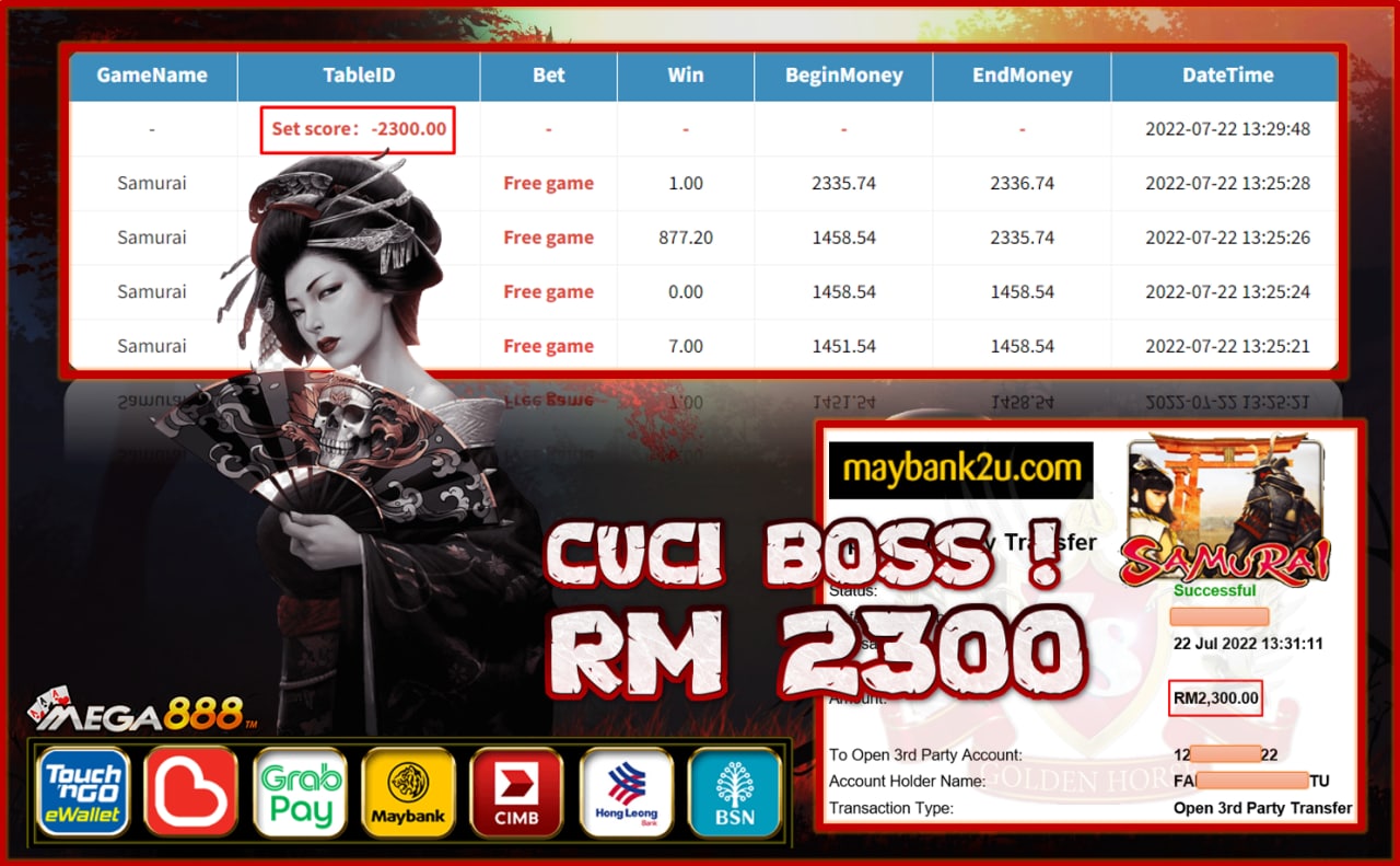 MEGA888 '' SAMURAI '' CUCI RM 2,300 ♥