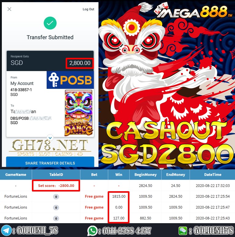 MEGA888 FT. FORTUNE LIONS CASHOUT SGD2800