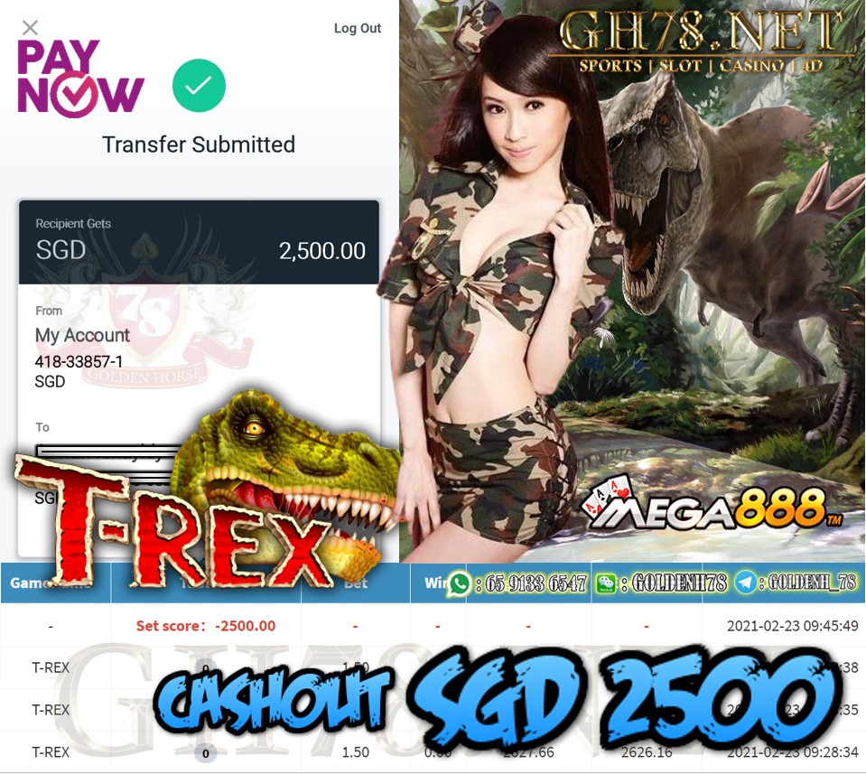 MEGA888 T-REX GAME CASHOUT $S2500