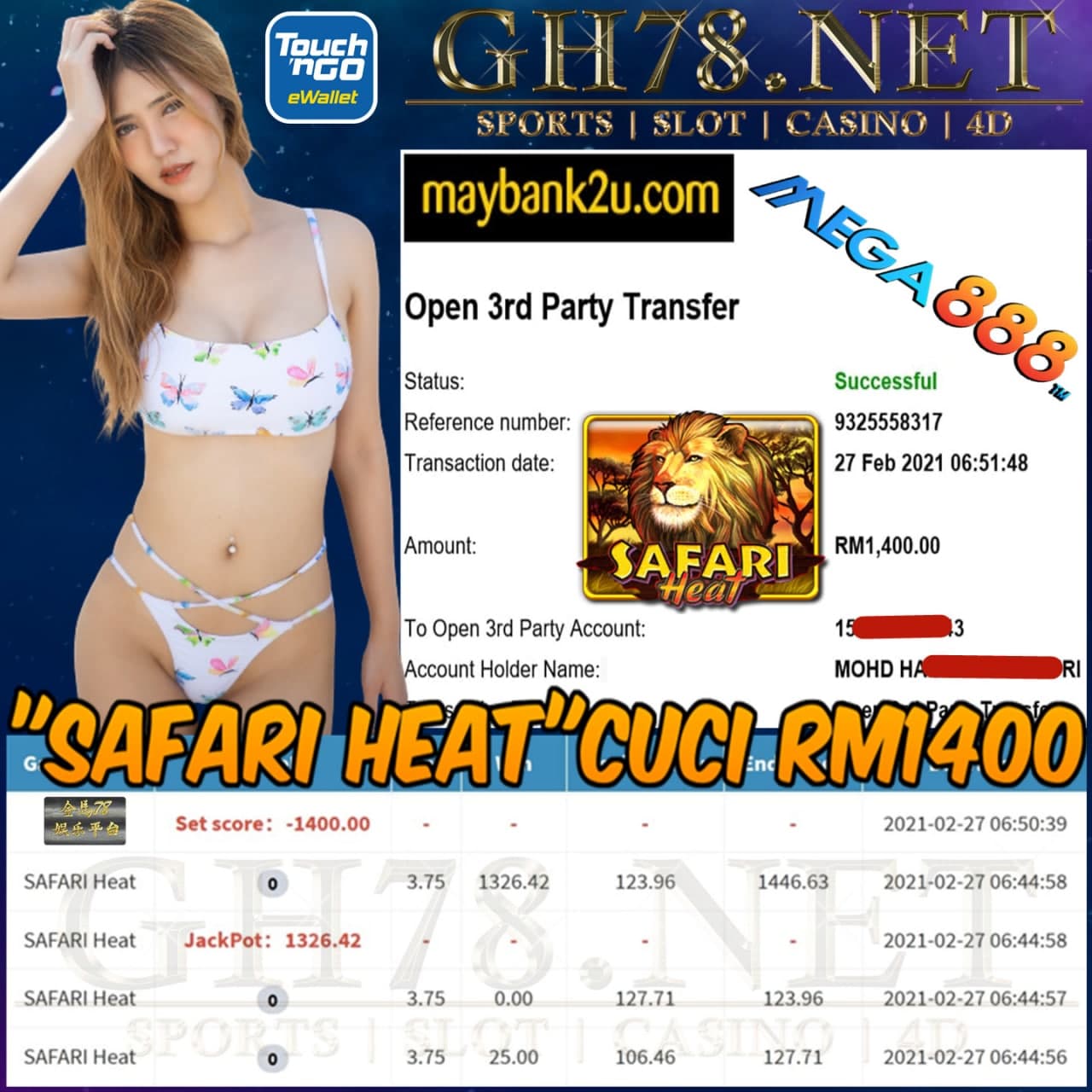 MEGA888 SAFARI HEAT GAME CASHOUT RM1400 JOIN NOW WITH US AT GH78.NET !!