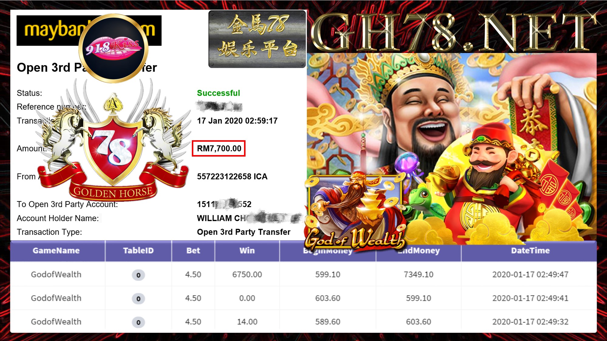 2020 NEW YEAR !!! MEMBER MAIN 918KISS FT.GODOFWEALTH WITHDRAW RM7700 !!!