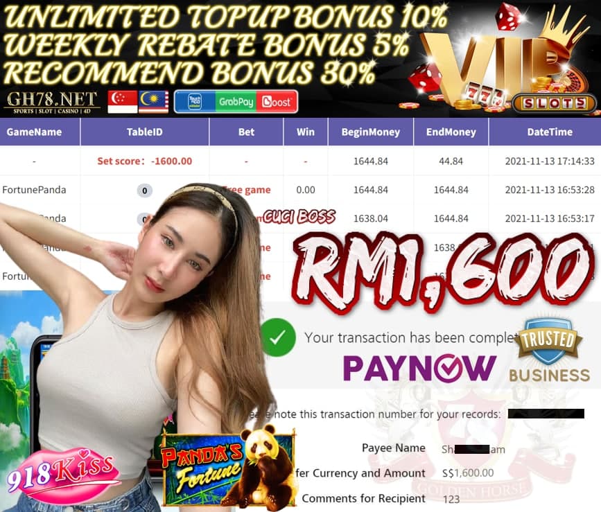 918KISS MEMBER PLAY GAME FORTUNE PANDA CASHOUT SGD1,600